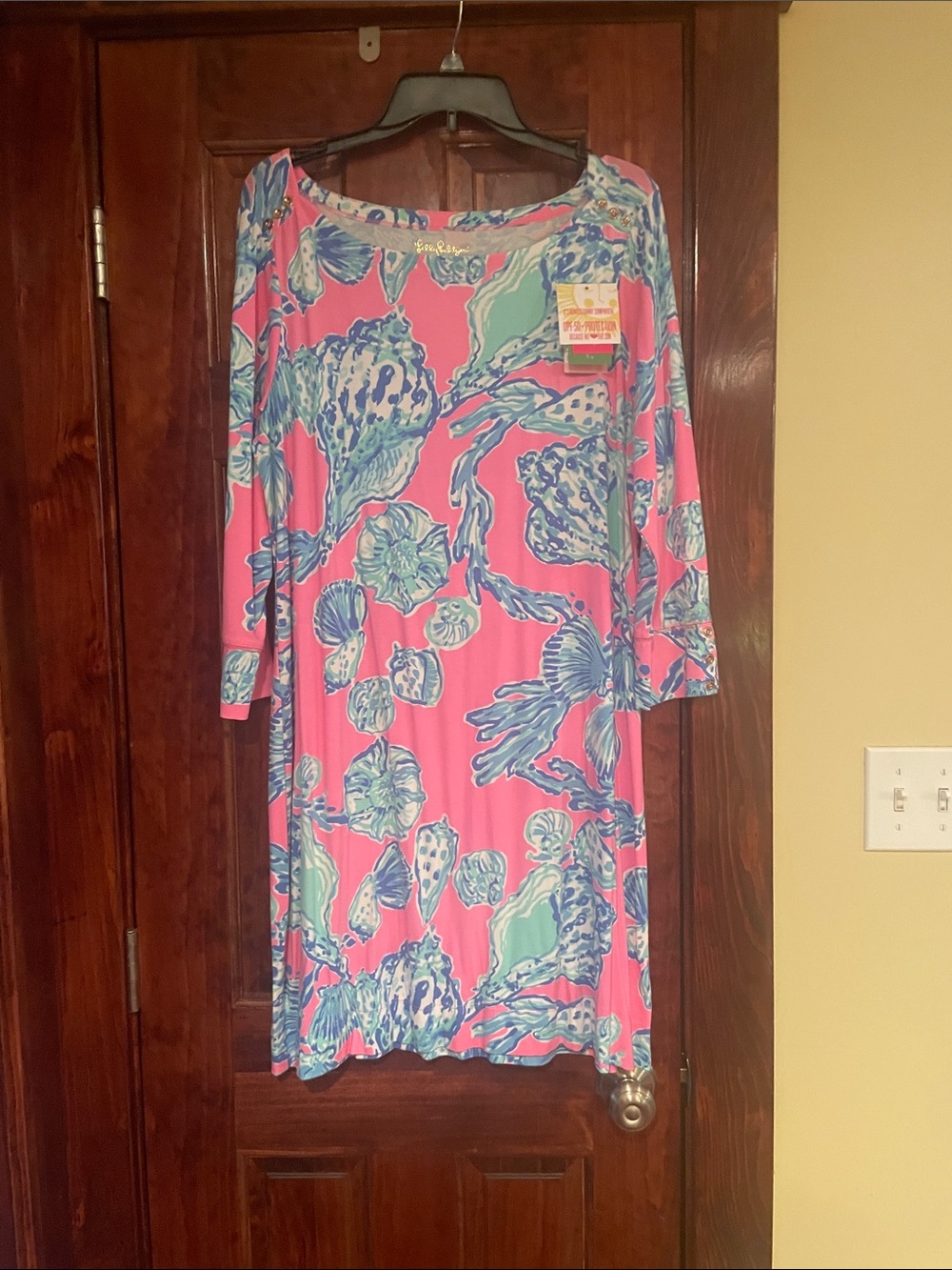 Lilly Pulitzer Pink Shell-Print Long Sleeve Scoopneck Dress with Aqua Accents